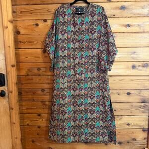 Peruvian Connection Pima Cotton Caftan Button Down Maxi Dress Medium